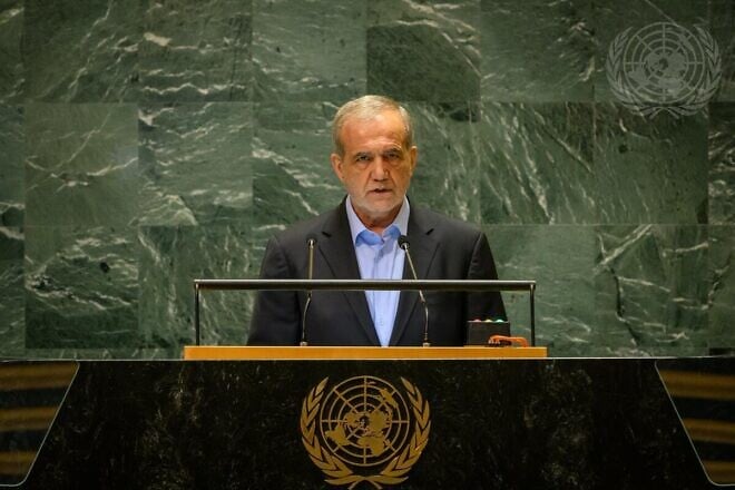 Masoud Pezeshkian, president of Iran, addresses the general debate of the U.N. General Assembly’s 79th session on Sept. 24, 2024. Credit: Loey Felipe/U.N. Photo.