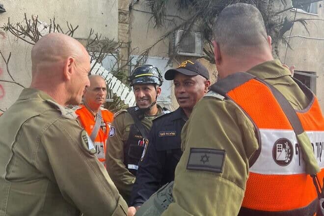Maj. Gen. Rafi Milo (left), head of the IDF Home Front Command, at the scene of a Hezbollah rocket attack in Kiryat Bialik, near Haifa, on Sept. 22, 2024. Credit: IDF.