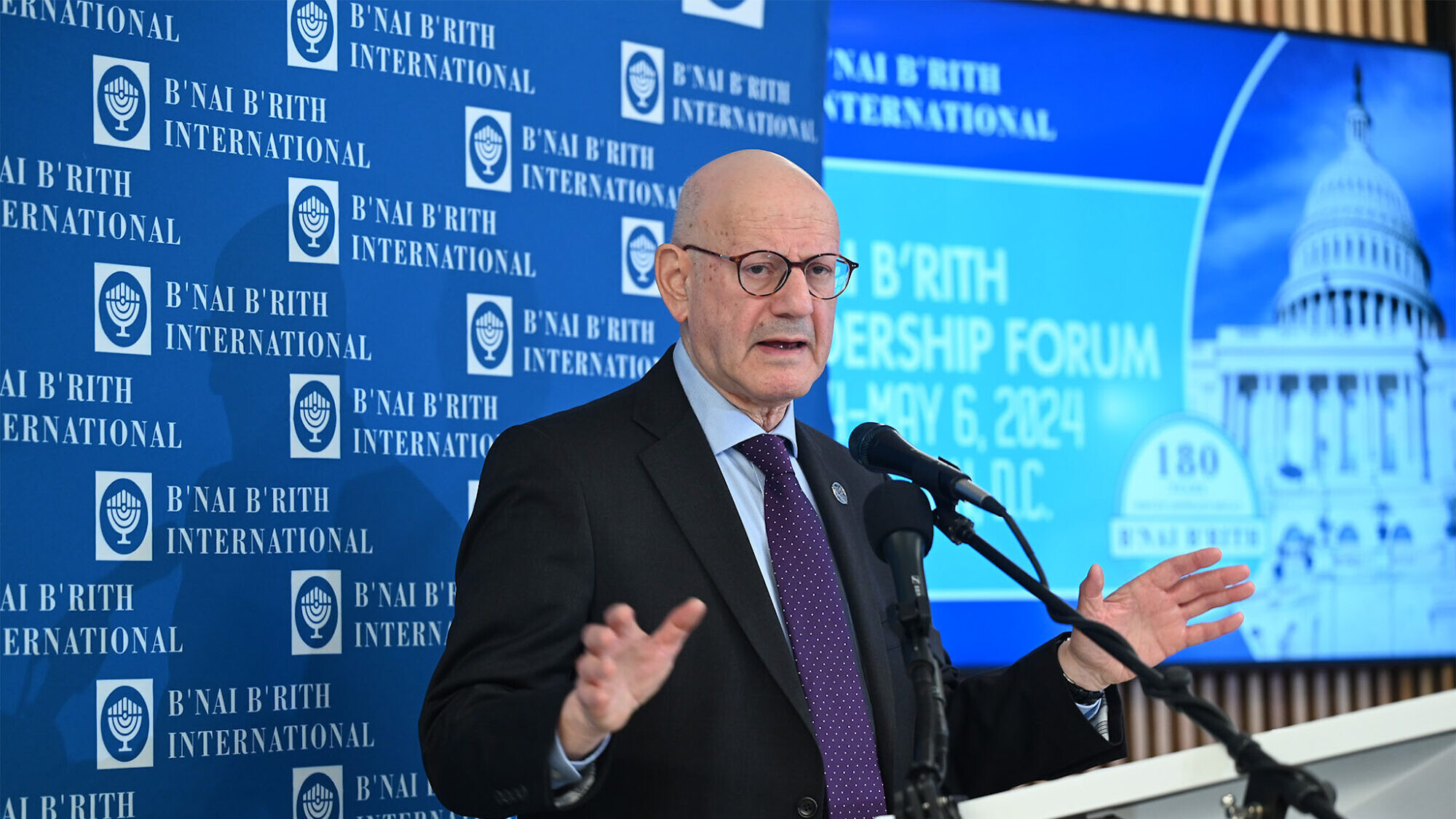 Daniel S. Mariaschin, CEO of B'nai B'rith International, speaks at the nonprofit's leadership forum in May 2024. Credit: Leslie E. Kossoff/LK Photos.