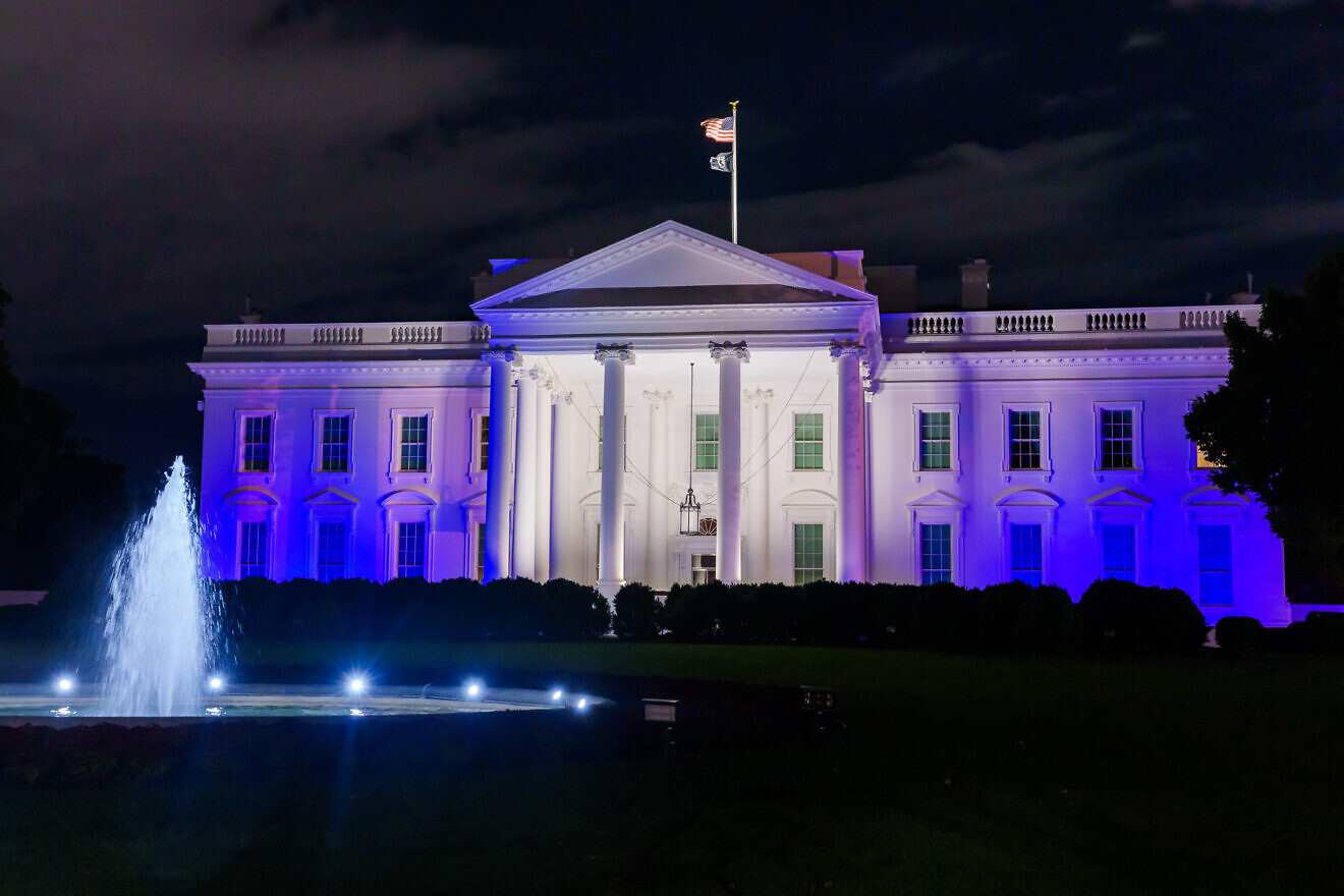 The White House is illuminated in blue and white in solidarity with Israel after Hamas's Oct. 7, 2023 terror attack, Oct. 9, 2023. Credit: Adam Schultz/White House.