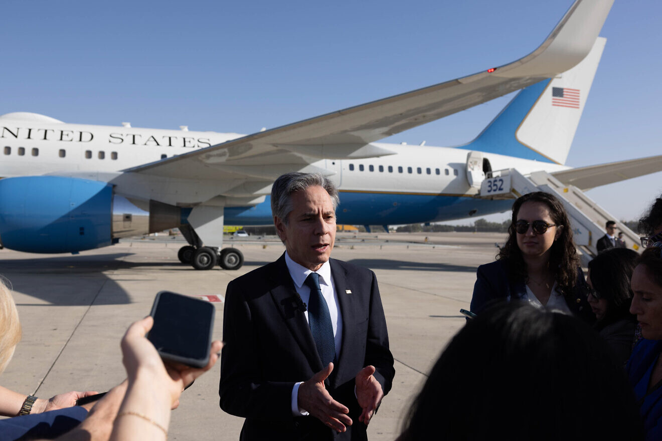 U.S. Secretary of State Antony Blinken talks to the press before leaving Ben-Gurion Airport International in Tel Aviv, Israel, en route to Riyadh, Saudi Arabia, Oct. 23, 2024. Credit: Chuck Kennedy/U.S. State Department.