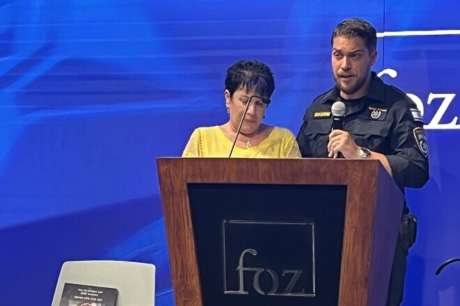 Cheli Ganot, whose son Ch.-Insp. Dan Ganot died protecting the residents of Kibbutz Be'eri on Oct. 7, 2024, and Master Sgt. Dean Elsdunne at the Friends of Zion Museum in Jerusalem on Oct. 9, 2024. Photo by Josh Hasten.
