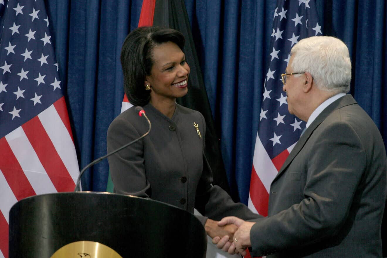 Then-Secretary of State Condoleezza Rice meets with Palestinian Authority chief Mahmoud Abbas in the Samaria city of Ramallah, Nov. 7, 2008. Photo by Issam Rimawi/Flash90.