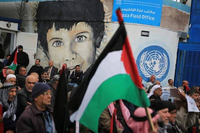 Palestinian supporters of Hamas protest against the U.S. Middle East peace plan front of the main headquarters the U.N. Relief and Works Agency (UNRWA) in Gaza City on Feb. 20, 2020. Photo by Ali Ahmed/Flash90.