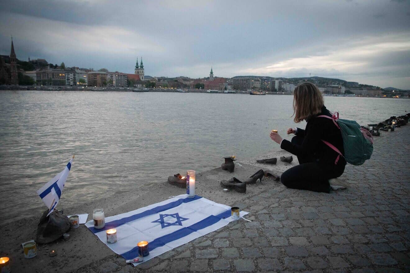 Shoes on the Danube Bank, a memorial to honor the Jews who were killed by fascist Arrow Cross militiamen during World War II, in Budapest, Hungary, on April 18, 2023. Photo by Arie Leib Abrams/Flash90.