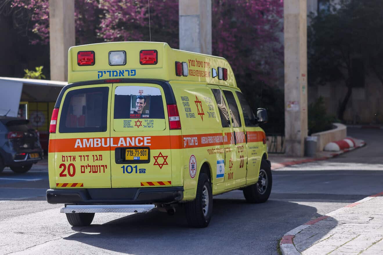An ambulance evacuates civilians wounded in a terrorist attack in the Jordan Valley to Hadassah Medical Center on Mount Scopus in Jerusalem, March 28, 2024. Photo by Chaim Goldberg/Flash90.