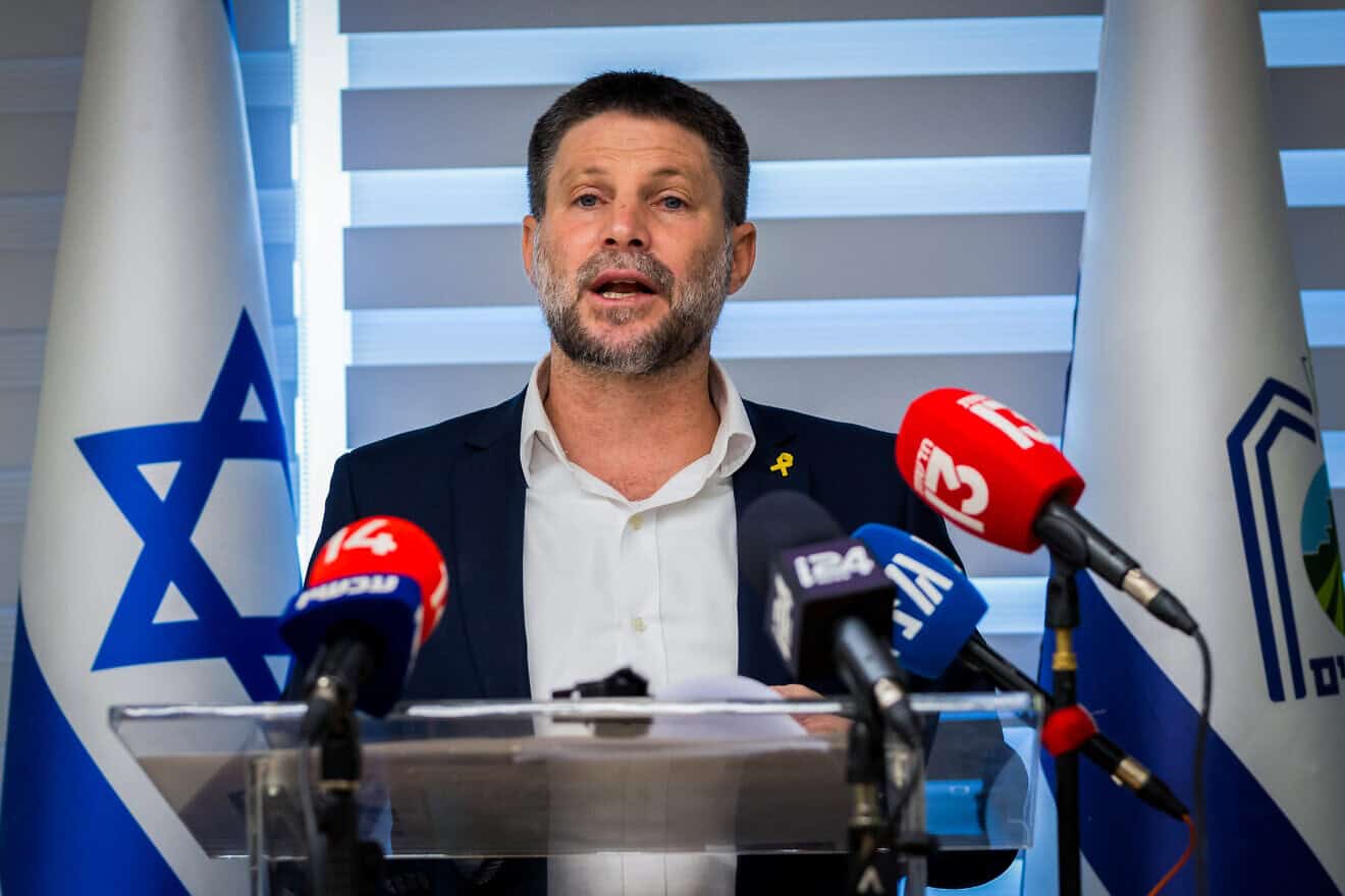 Israeli Finance Minister Bezalel Smotrich speaks during a press conference in the southern Israeli city of Ofakim, July 24, 2024. Photo by Liron Molodovan/Flash90.