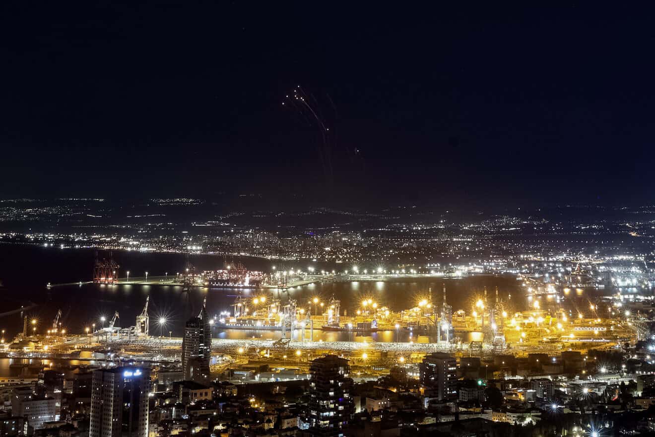 Israeli air defenses intercept missiles fired from Lebanon, as seen from the northern Israeli city of Haifa, Sept. 24, 2024. Photo by Chaim Goldberg/Flash90.