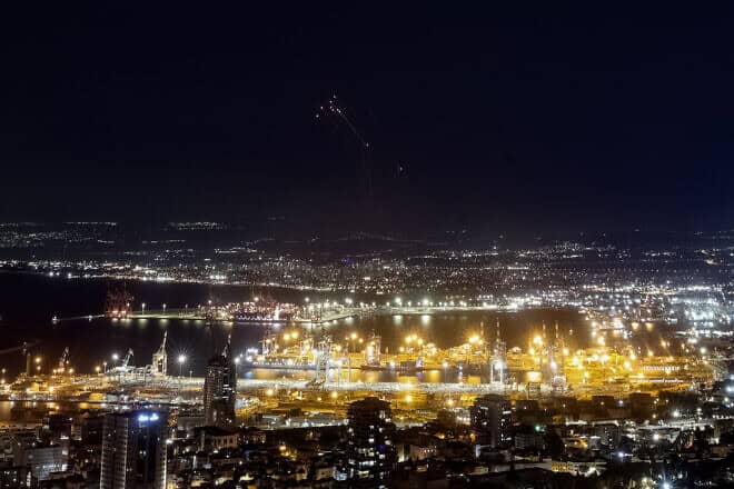 Israeli air defenses intercept missiles fired from Lebanon, as seen from the northern Israeli city of Haifa, Sept. 24, 2024. Photo by Chaim Goldberg/Flash90.