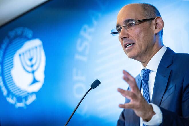 Bank of Israel Governor Amir Yaron speaks during a press conference at the BoI offices in Jerusalem, on Oct. 9, 2024. Photo by Yonatan Sindel/Flash90.