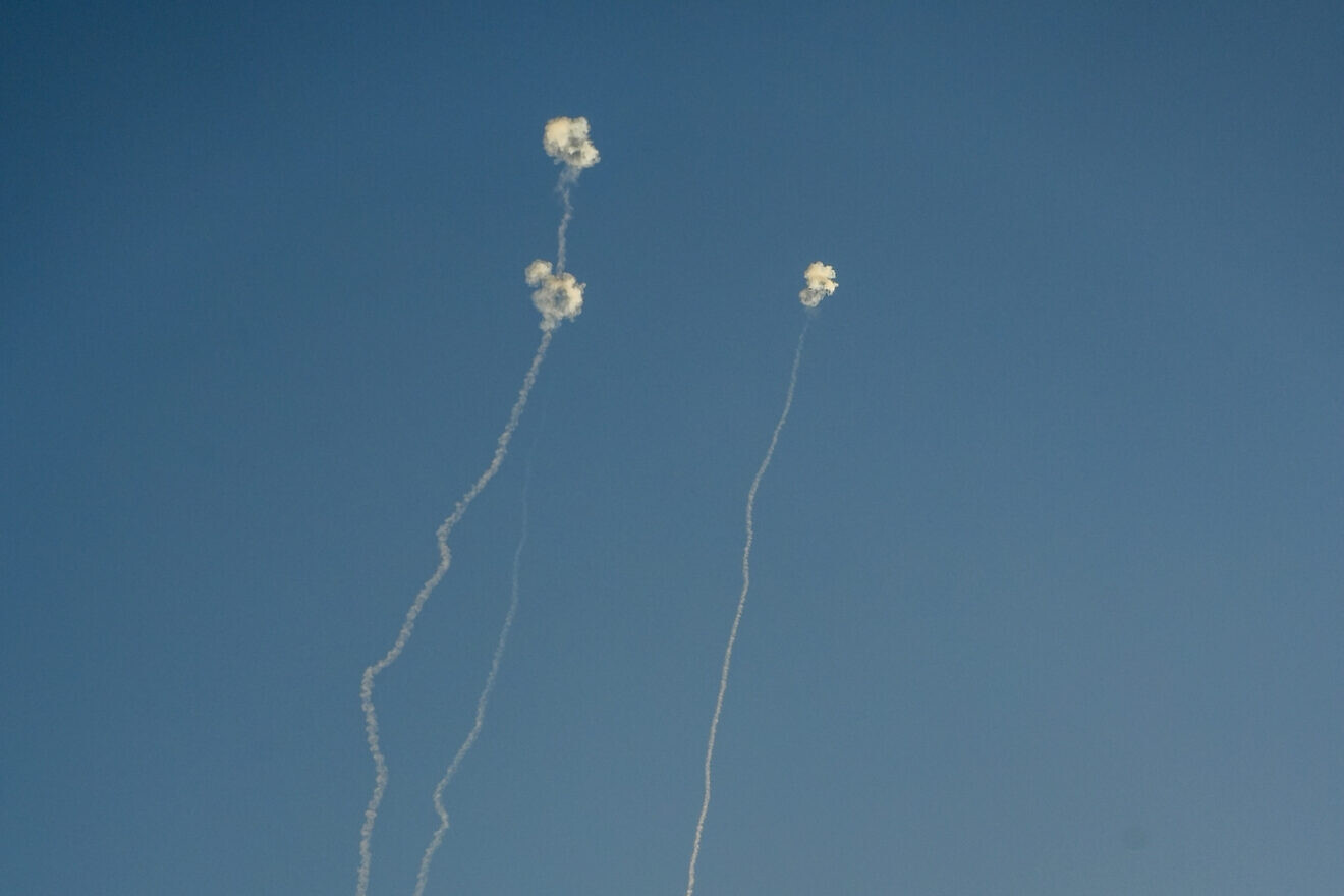 An anti-missile system fires interception missiles as rockets fired from Lebanon, near the Israeli border with Lebanon, Oct. 12, 2024. Photo by Ayal Margolin/Flash90.