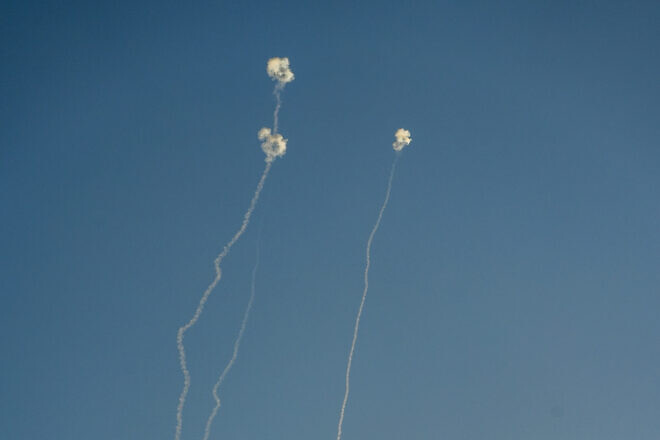 An anti-missile system fires interception missiles as rockets fired from Lebanon, near the Israeli border with Lebanon, Oct. 12, 2024. Photo by Ayal Margolin/Flash90.