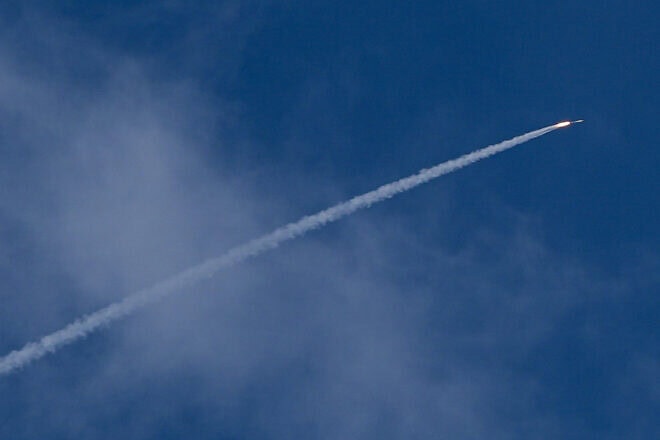 An anti-missile system fires interception missiles as rockets fired from Lebanon, near the Israeli border with Lebanon, Oct. 13, 2024. Photo by Ayal Margolin/Flash90.