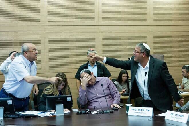 MK Ahmad Tibi argues with National Security Minister Itamar Ben-Gvir during a Knesset House Committee meeting in Jerusalem, Oct. 15, 2024. Photo by Chaim Goldberg/Flash90.