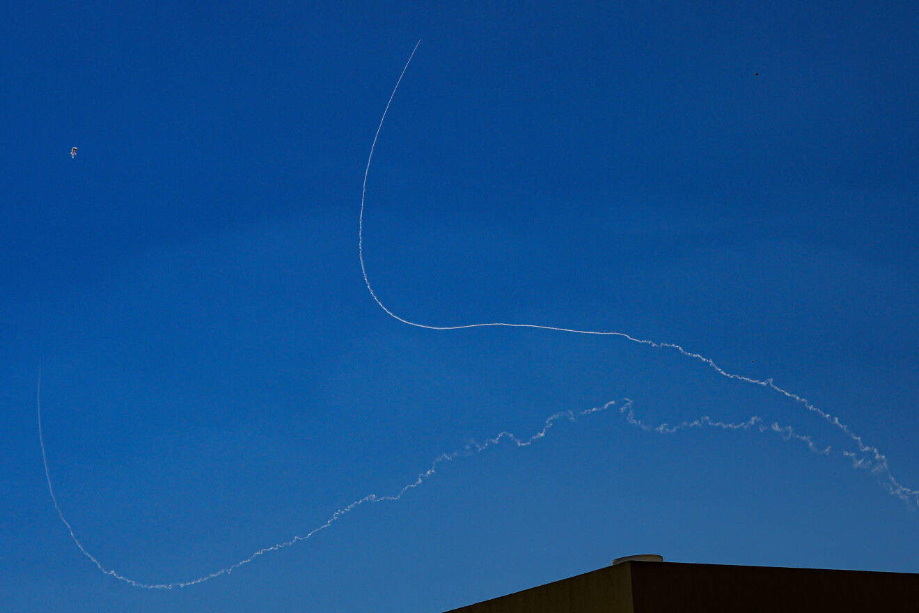 An anti-missile system fires interception missiles as rockets fired from Lebanon, near the northern Israeli city of Tzfat, early on Oct. 19, 2024. Photo by Ayal Margolin/Flash90.