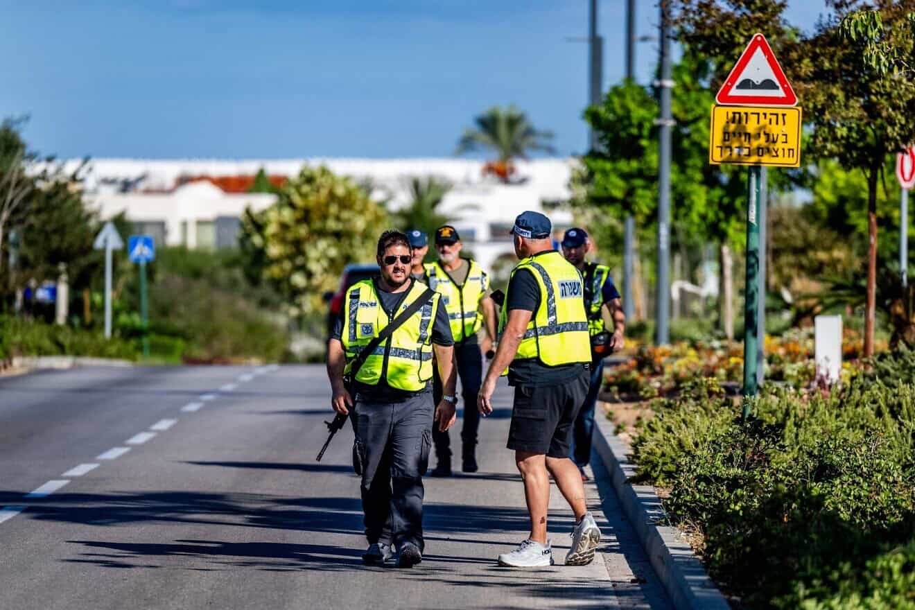Israeli security personnel at the scene where a drone launched from Lebanon caused damage in Caesarea, Oct. 19, 2024. Credit: Flash90.