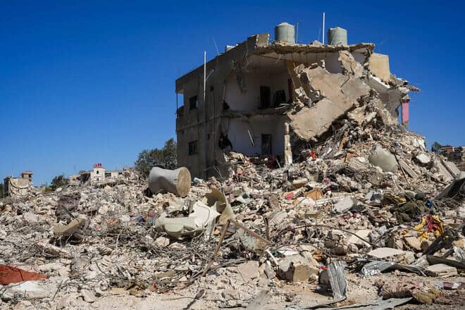 Destroyed buildings in Ayta ash Shab, southern Lebanon, during Israeli military operations on Oct. 21, 2024. Credit: Ayal Margolin/Flash90.