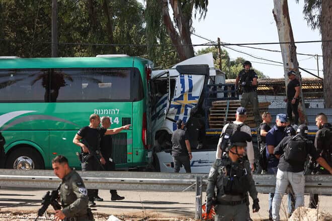 The scene where a truck rammed into a bus stop near Glilot in central Israel, Oct. 27, 2024. Photo by Itai Ron/Flash90.
