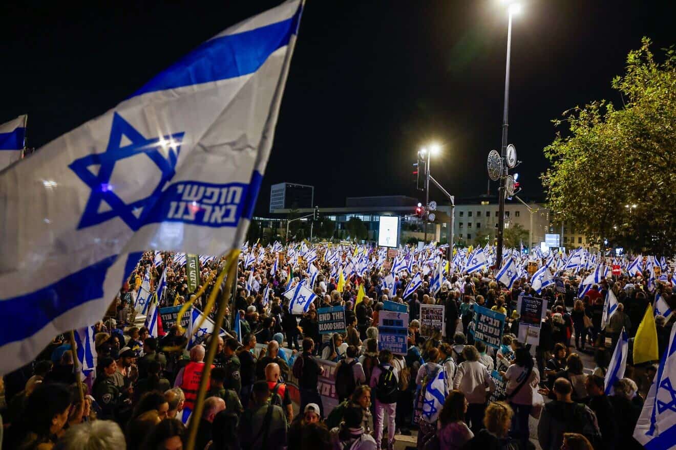 Demonstrators outside the Knesset in Jerusalem call for the release of hostages being held by Hamas in the Gaza Strip, Oct. 28, 2024. Photo by Chaim Goldberg/Flash90.