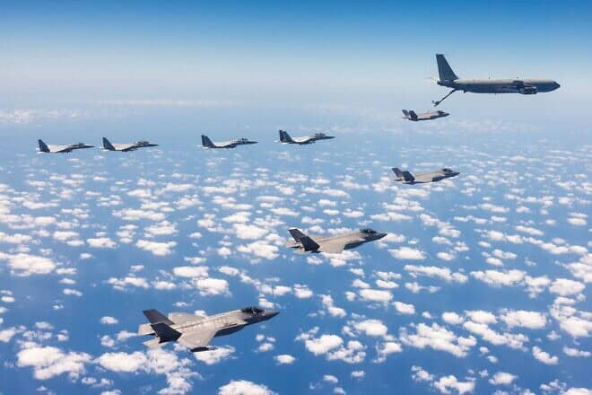The Israeli Air Force practicing aerial refueling of fighter jets in Israeli airspace. The exercise simulated long-range flight deep behind enemy lines, Aug. 18, 2024. Credit: IDF.