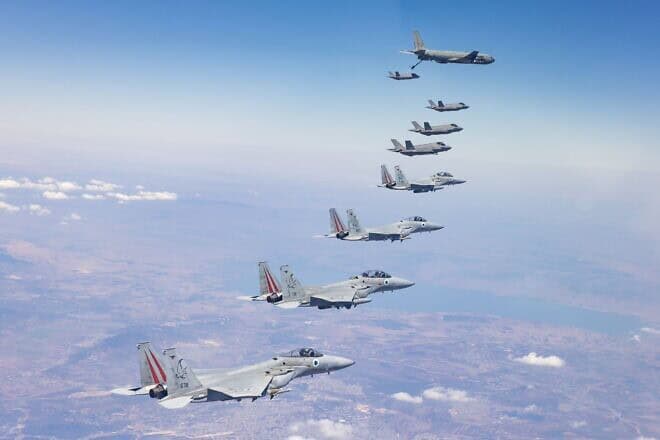 The Israeli Air Force practicing aerial refueling of fighter jets in Israeli airspace. The exercise simulated long-range flight deep behind enemy lines, Aug. 18, 2024. Credit: IDF.