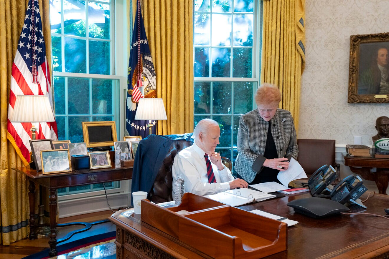 U.S. President Joe Biden, pictured with Deborah Lipstadt, the U.S. special envoy to monitor and combat antisemitism, held a High Holidays call from the White House on Oct. 9, 2024. Credit: White House.