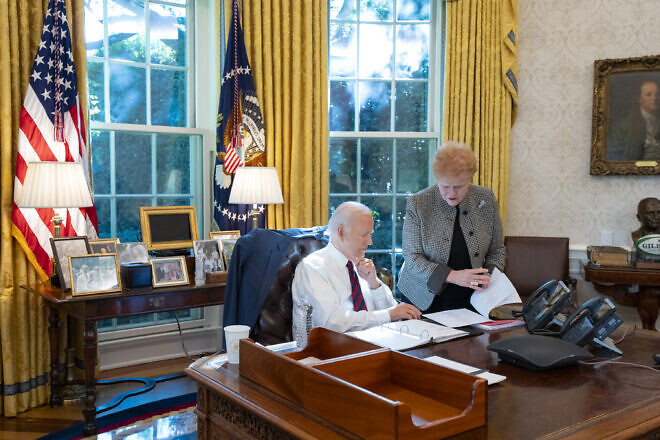 U.S. President Joe Biden, pictured with Deborah Lipstadt, the U.S. special envoy to monitor and combat antisemitism, held a High Holidays call from the White House on Oct. 9, 2024. Credit: White House.