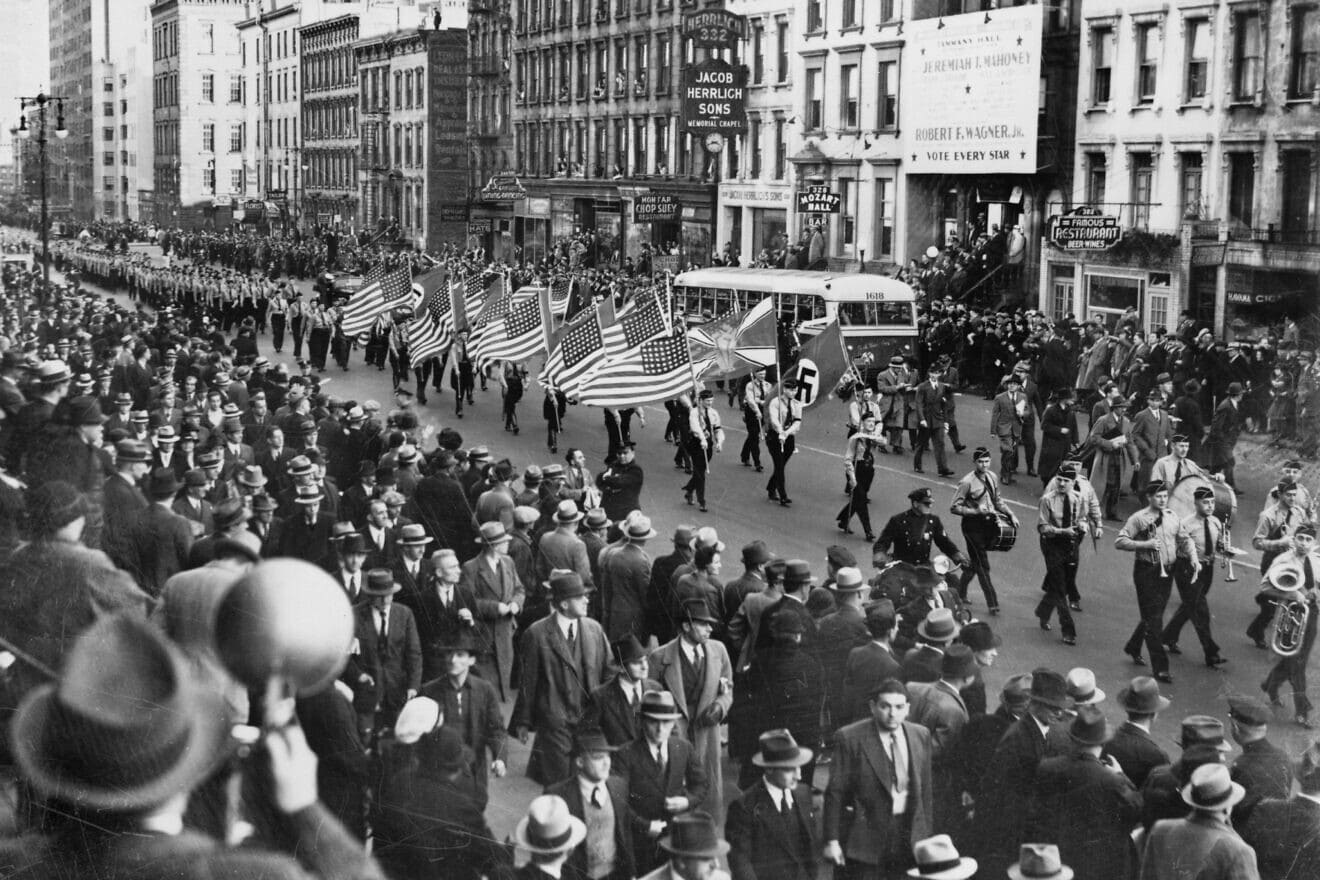 German American Bund parade in New York City on East 86th Street between First and Second Avenues, Oct. 30, 1937. Credit: New York World-Telegram and Sun Newspaper Photograph Collection via Wikimedia Commons.
