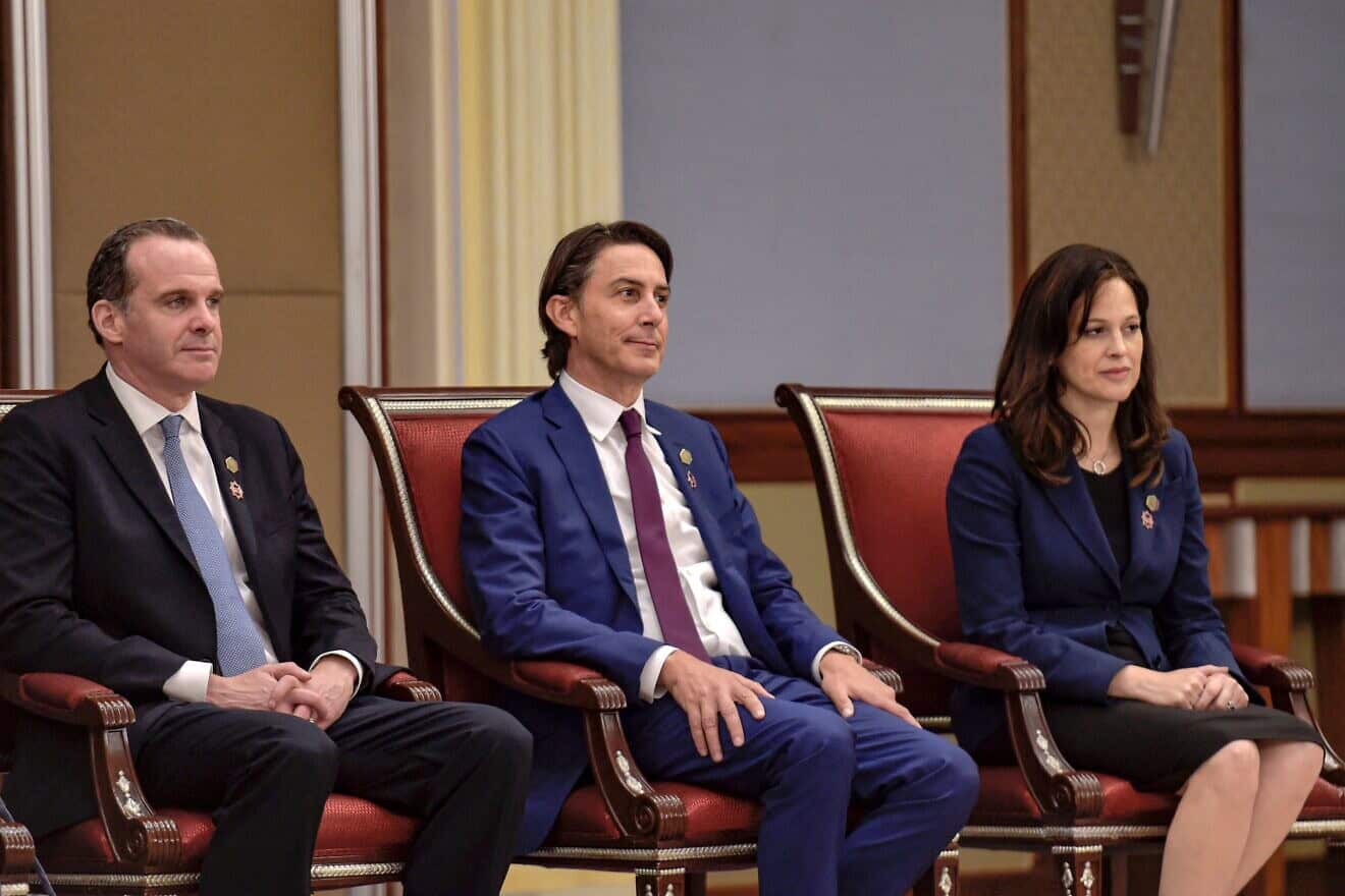 (From left) Brett McGurk, US National Security Council coordinator for the Middle East and North Africa; Amos Hochstein, the US Senior Advisor for Energy Security; and Anne Neuberger, the US Deputy National Security Advisor for Cyber and Emerging Technology, attend an investment agreement signing ceremony between the US and Saudi Arabia in the Red Sea coastal city of Jeddah on July 15, 2022. Photo by Amer Hilabi/AFP via Getty Images.