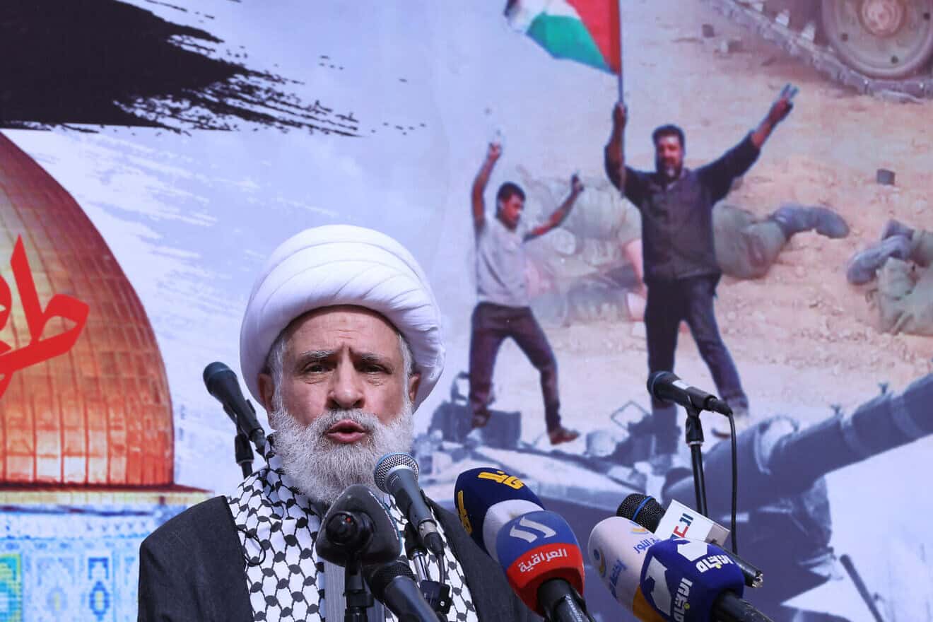 Hezbollah deputy leader Sheikh Naim Qassem delivers a speech during a rally in Beirut, Oct. 13, 2023. Photo by Anwar Amro/AFP via Getty Images.
