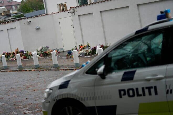 Flowers are placed at the Israeli embassy in Hellerup, north of Copenhagen, in solidarity and support with the country on Oct. 13, 2023. Photo by Ida Marie Odgaard/Ritzau Scanpix/AFP via Getty Images.