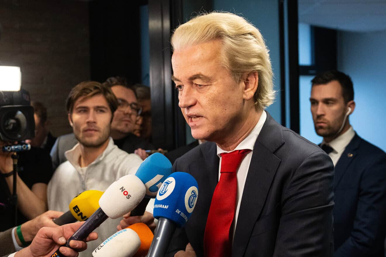 Geert Wilders, Dutch right-wing politician and leader of the Party for Freedom, speaks to the media in The Hague, Netherlands on Nov. 24, 2023. Photo by Carl Court/Getty Images.