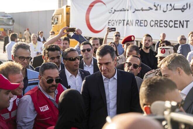 Spain's Prime Minister Pedro Sanchez speaks with media during a visit by the prime ministers of Spain and Belgium to the Rafah border crossing in Egypt, Nov. 24, 2023. Photo by Ali Moustafa/Getty Images.