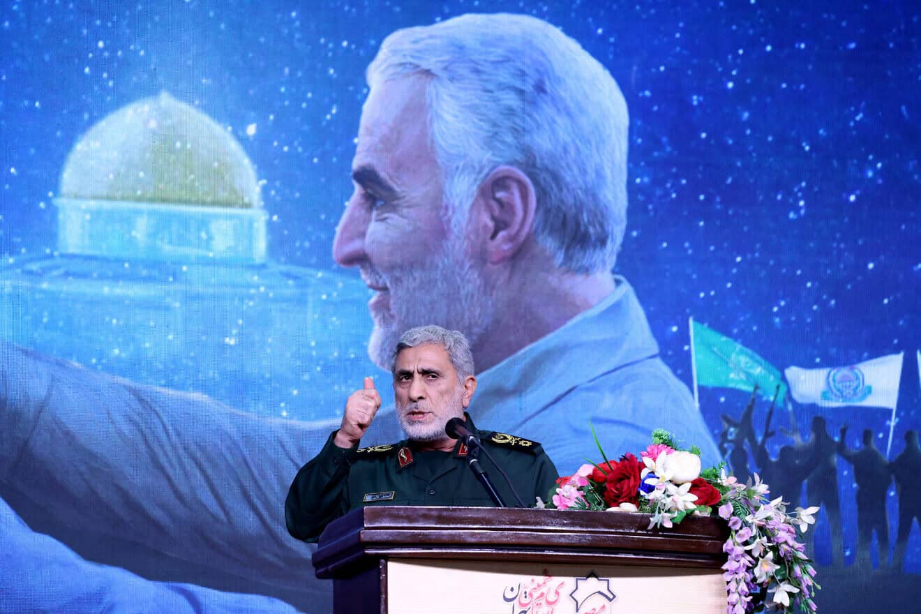 The commander of Iran's Islamic Revolutionary Guard Corps' Quds Force, Esmail Ghaani, speaks during a ceremony marking the anniversary of the 2020 killing of his predecessor, Qassem Soleimani, in Tehran, Jan. 3, 2024. Photo by Atta Kenare/AFP via Getty Images.