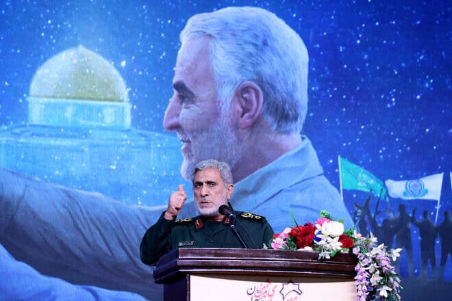 The commander of Iran's Islamic Revolutionary Guard Corps' Quds Force, Esmail Ghaani, speaks during a ceremony marking the anniversary of the 2020 killing of his predecessor, Qassem Soleimani, in Tehran, Jan. 3, 2024. Photo by Atta Kenare/AFP via Getty Images.