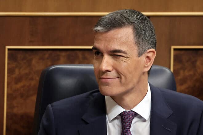 Spain's Prime Minister Pedro Sanchez looks on after delivering a speech to announce that the country will recognize Palestine as a state on May 28, at the Congress of Deputies in Madrid on May 22, 2024. Photo by Thomas Coex/AFP via Getty Images.