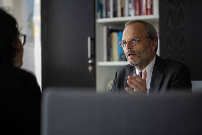 Germany's Commissioner for Jewish Life and the Fight against Antisemitism Felix Klein speaks to an AFP reporter in his office in the Interior Ministry in Berlin on Sept. 19, 2024. Photo by John MacDougall/AFP via Getty Images.