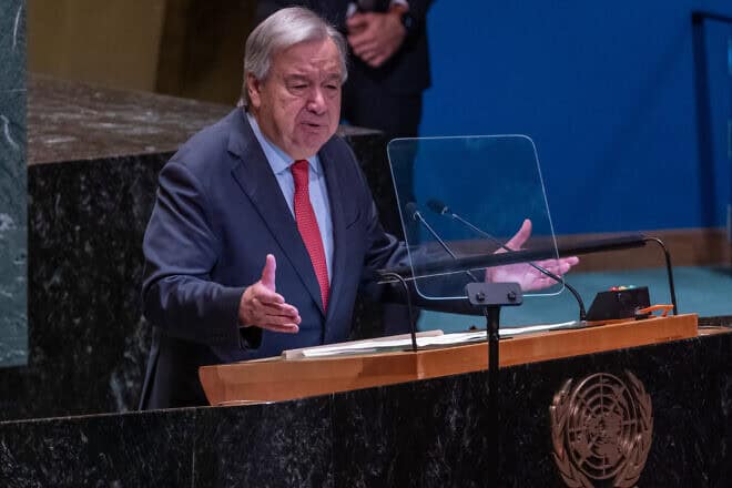 U.N. Secretary-General António Guterres speaks to world leaders, diplomats and others during the United Nations General Assembly in New York City on Sept. 24, 2024. Photo by Spencer Platt/Getty Images.