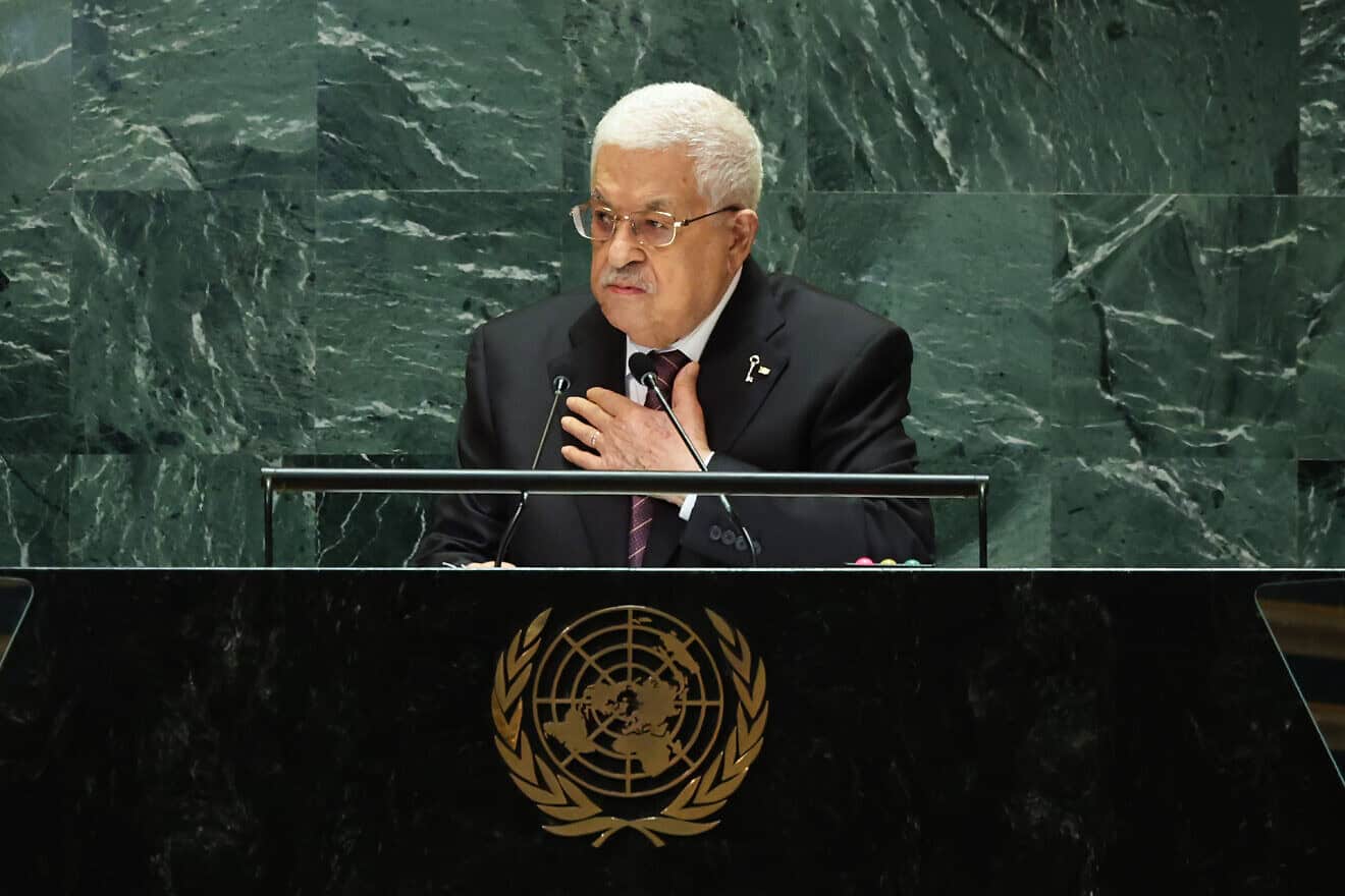Palestinian Authoriity leader Mahmoud Abbas addresses the United Nations General Assembly at the United Nations headquarters on Sept. 26, 2024 in New York City. Photo by Michael M. Santiago/Getty Images.