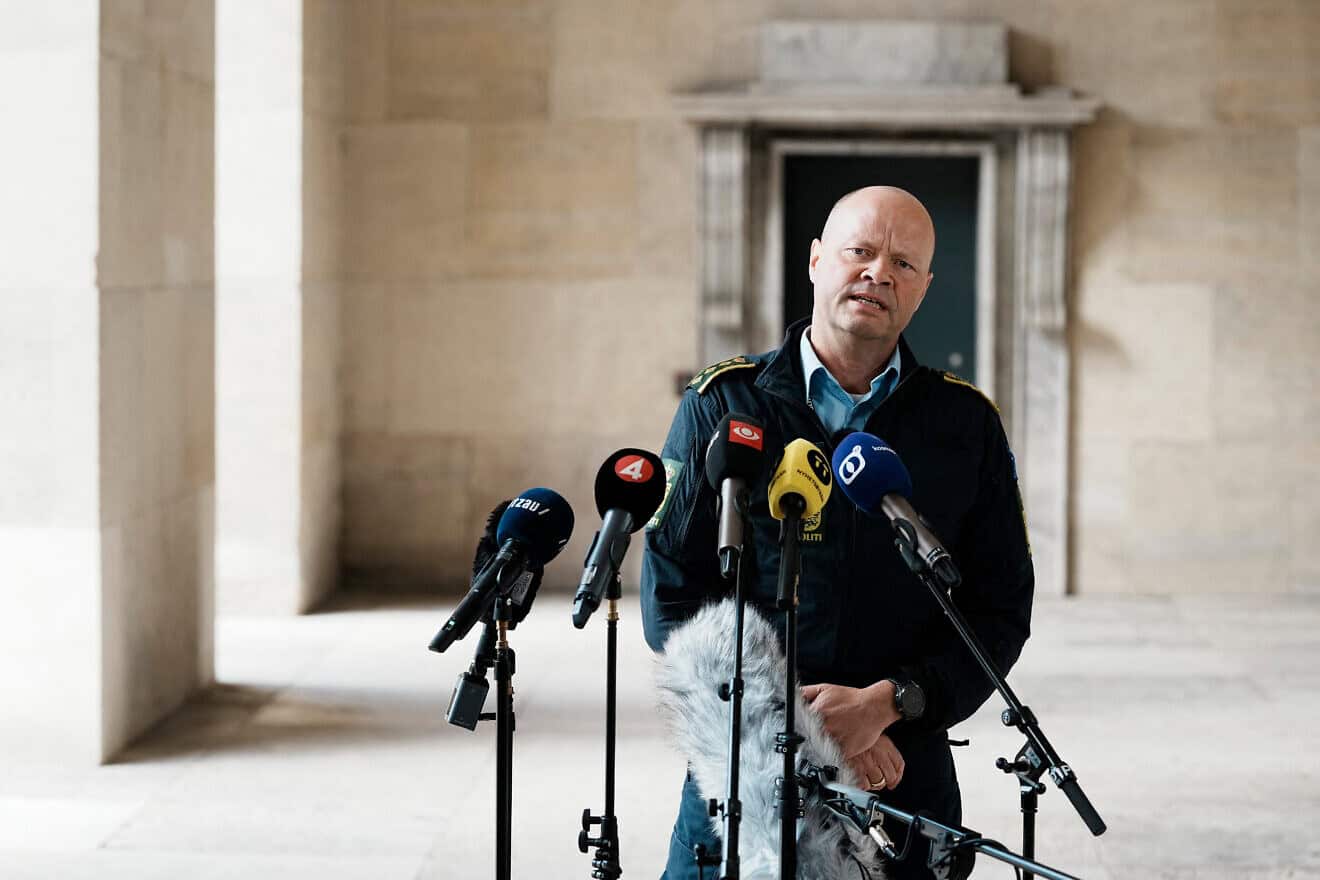 Senior police inspector Jens Jespersen addresses a press conference in Copenhagen regarding arrests in connection with the two explosions at the Israeli embassy on , Oct. 2, 2024. Photo by Thomas Traasdahl/Ritzau Scanpix/AFP via Getty Images.