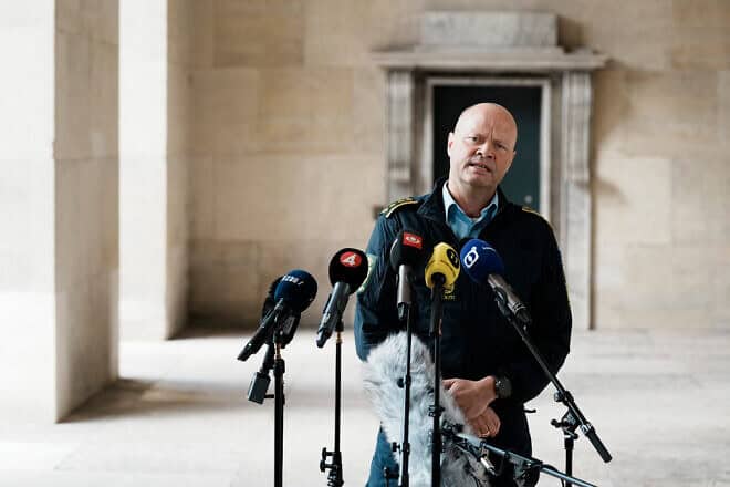 Senior police inspector Jens Jespersen addresses a press conference in Copenhagen regarding arrests in connection with the two explosions at the Israeli embassy on , Oct. 2, 2024. Photo by Thomas Traasdahl/Ritzau Scanpix/AFP via Getty Images.