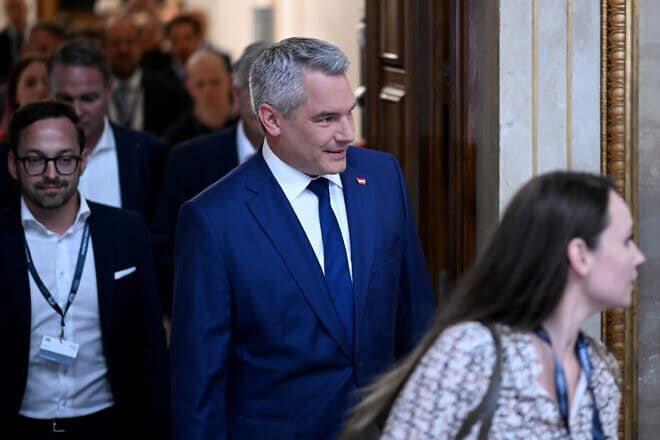 Austrian Chancellor and member of the Austria People's Party (OeVP) Karl Nehammer is seen during Austrian parliamentary elections on Sept. 29, 2024 in Vienna, Austria. Photo by Thomas Kronsteiner/Getty Images.