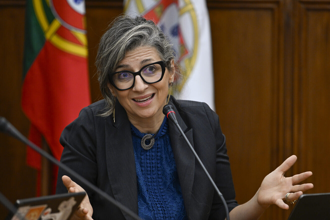 Francesca Albanese, the United Nations special rapporteur on Palestinian rights, speaks at a public hearing in Portuguese Parliament on Oct. 3, 2024, in Lisbon, Portugal. Photo by Horacio Villalobos/Corbis via Getty Images.