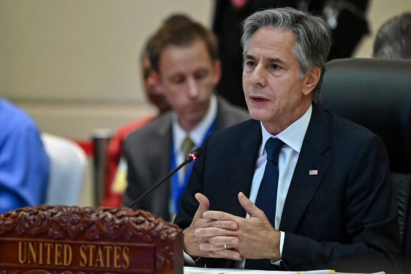 U.S. Secretary of State Antony Blinken speaks at the 12th ASEAN-U.S. Summit during the 44th and 45th Association of Southeast Asian Nations (ASEAN) Summits in Vientiane on Oct. 11, 2024. Photo by Tang Chhin Sothy/POOL/AFP via Getty Images.