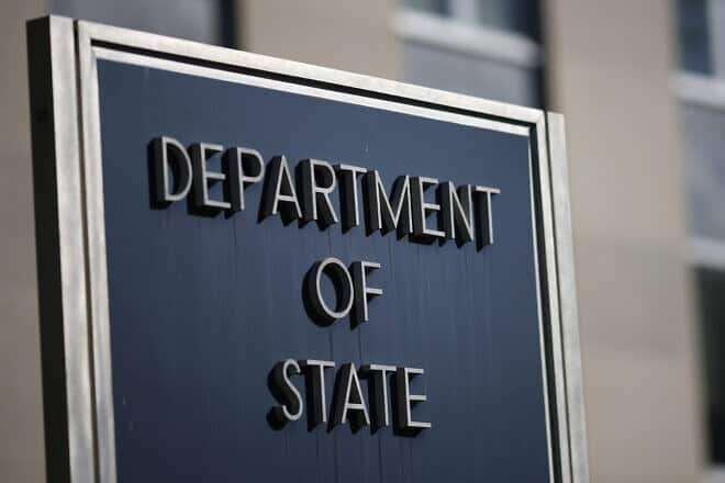 A sign for the U.S. Department of State outside the Harry S. Truman Federal Building in Washington, D.C., on Oct. 8, 2024. Photo by Kevin Dietsch/Getty Images.