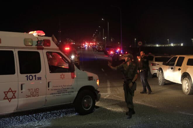 Israeli rescue and security forces at the site of a drone strike in northern Israel, Oct. 13, 2024 in Binyamina, Israel. Photo by Amir Levy/Getty Images.