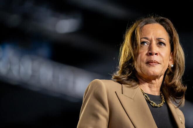 U.S. Vice President and Democratic presidential candidate Kamala Harris pauses while speaking during a campaign rally at the Rawhide Event Center in Chandler, Ariz., on Oct. 10, 2024. Photo by Brandon Bell/Getty Images.