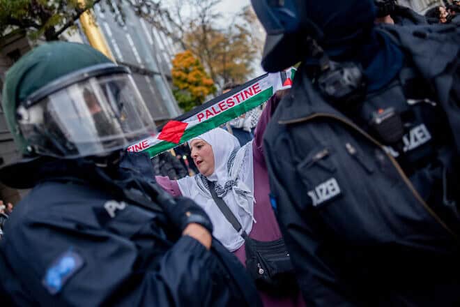 An anti-Israel demonstration on Kantstra'e in Charlottenburg, Berlin, on Oct, 19, 2024. Photo by Babak Bordbar/Middle East Images/AFP via Getty Images.