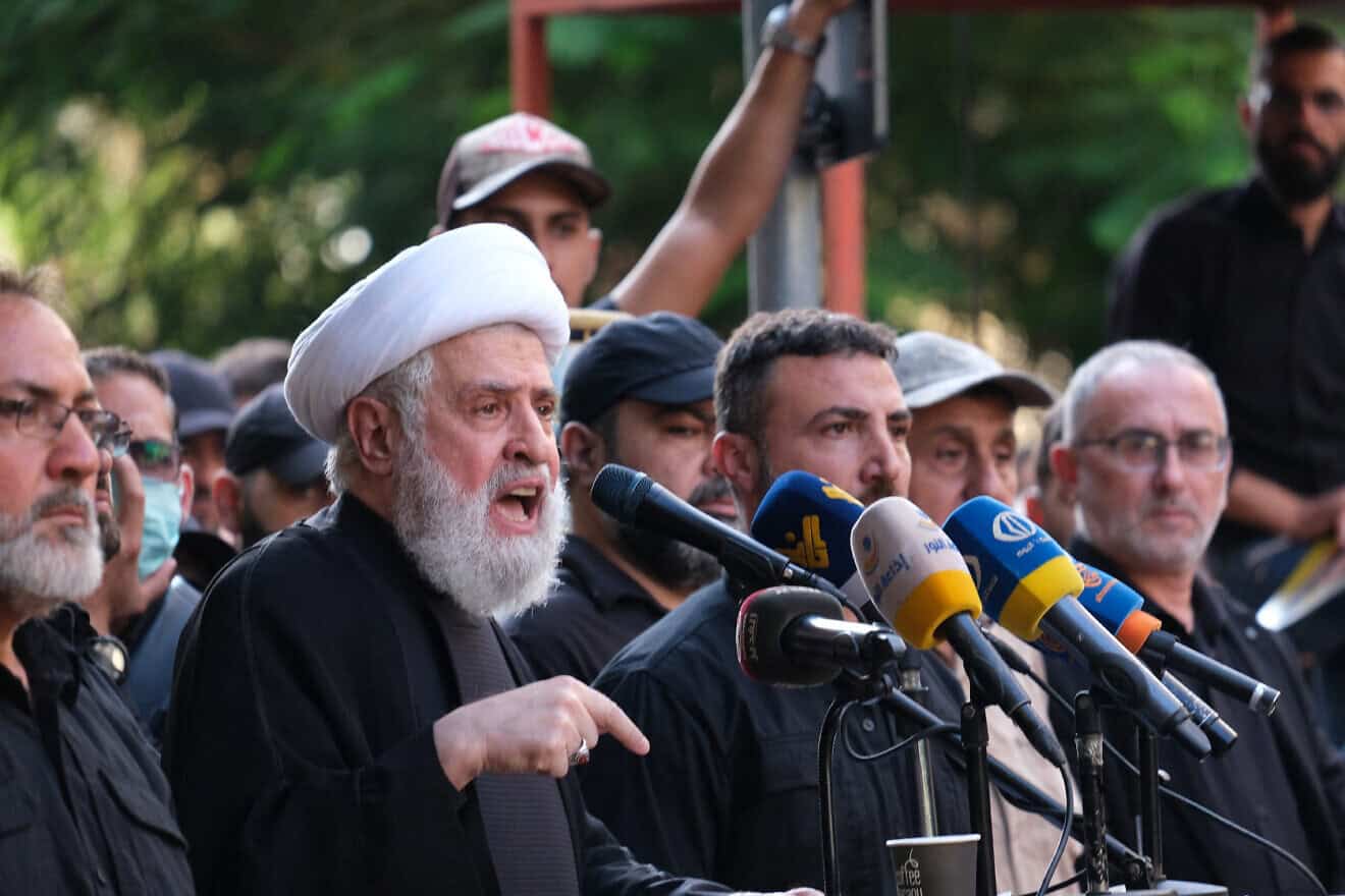 Hezbollah Deputy Secretary General Naim Qassem delivers a speech during the funeral of Hezbollah terrorist Ibrahim Aqil in Beirut, Sept. 22, 2024. Photo by Courtney Bonneau/Middle East Images/AFP via Getty Images.