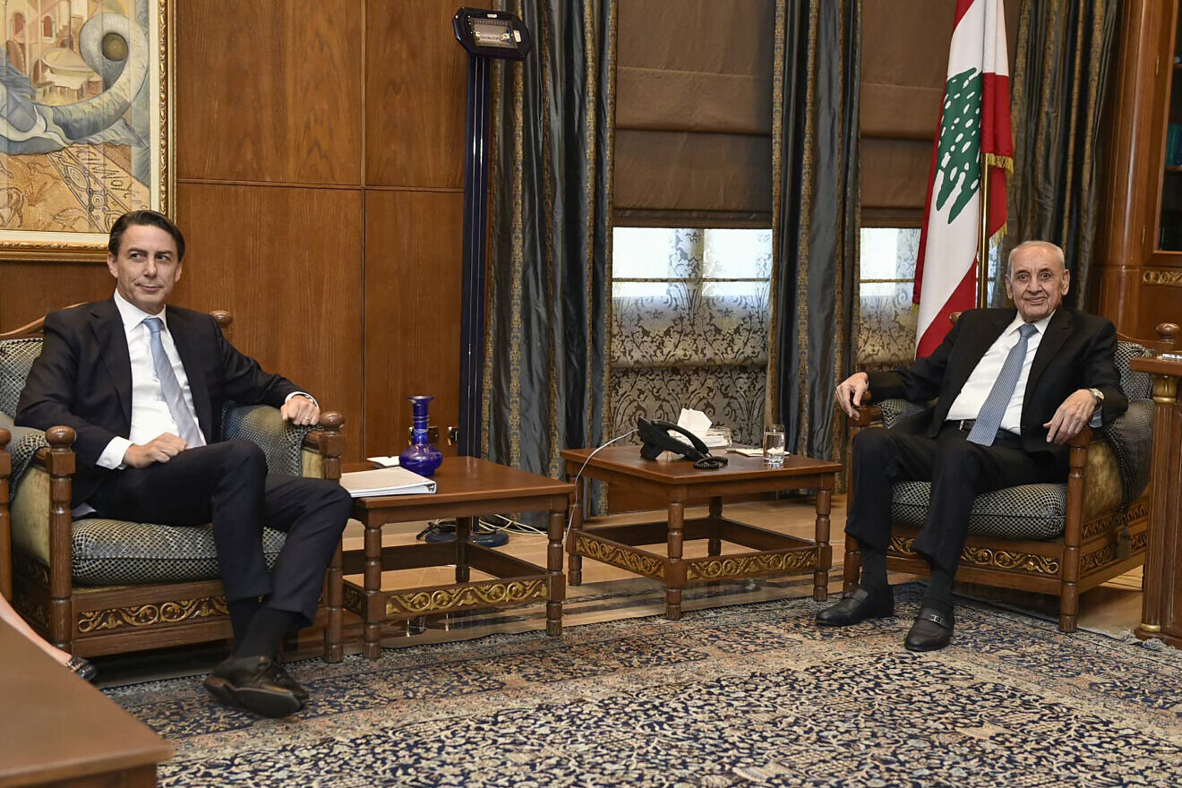 Lebanese Parliament Speaker Nabih Berri (R) meets with US special envoy Amos Hochstein in Beirut on Oct. 21, 2024. Photo by AFP via Getty Images.